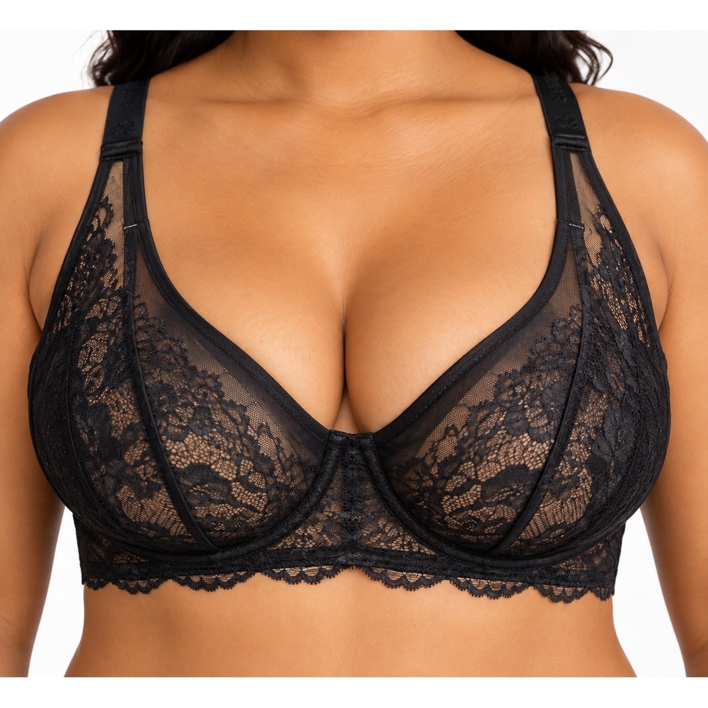 Shapellx Black Floral Lace Underwire Bra 38DDD Adjustable Straps Mesh Trim New